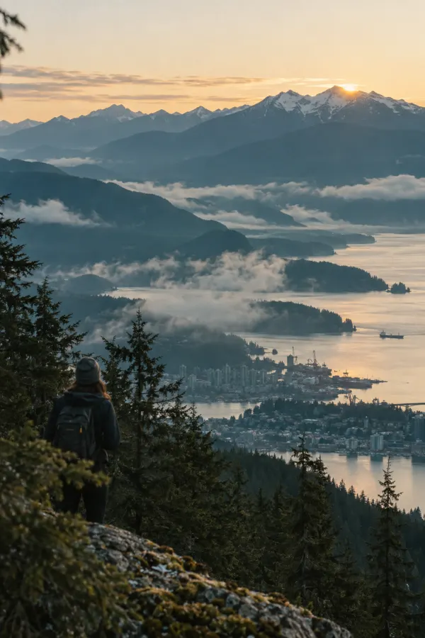 Coastal mountains above a harbour city at first light