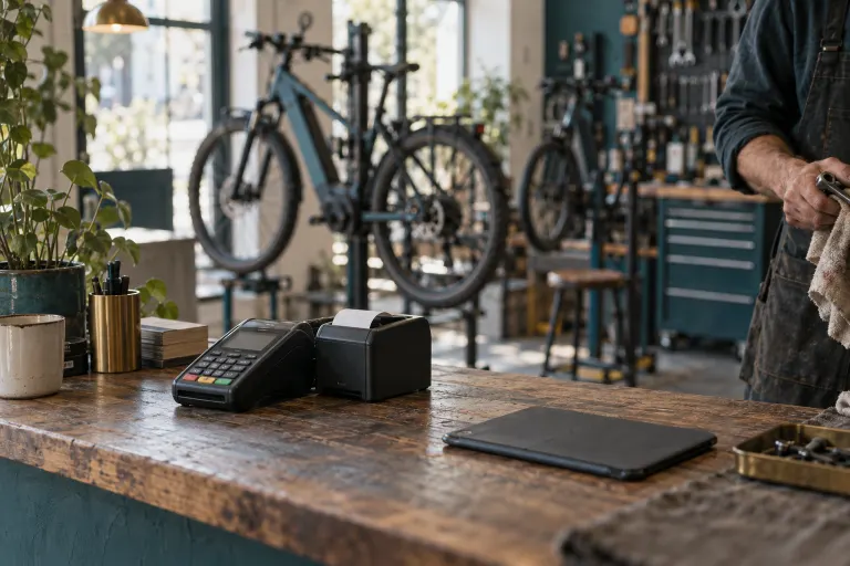 A bike shop counter with a card reader and receipt printer, e-bikes on stands behind