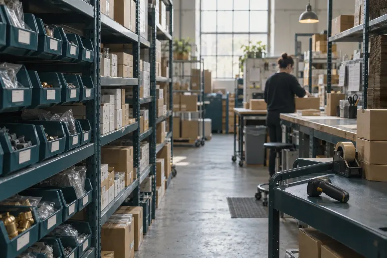 An organized stockroom with labelled parts bins and a barcode scanner on a cart