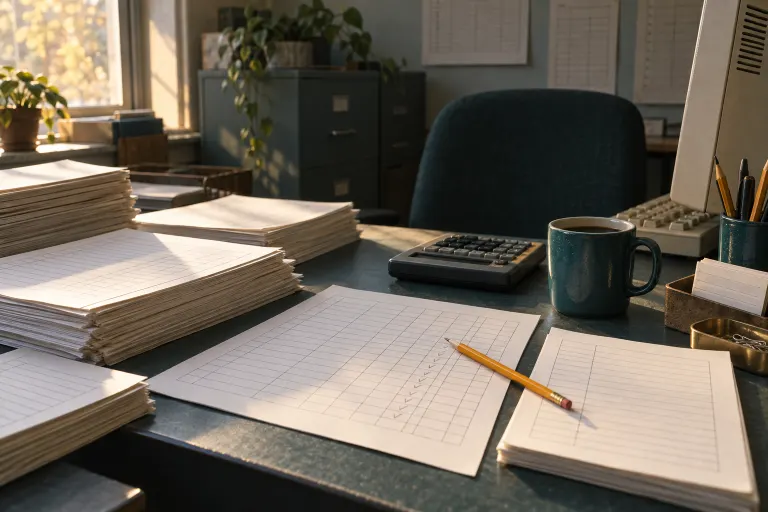 A back-office desk stacked with paper order forms, a calculator and an old desktop computer