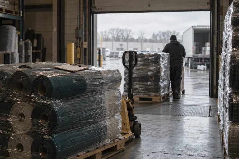Shrink-wrapped pallets of rolled matting at a loading dock