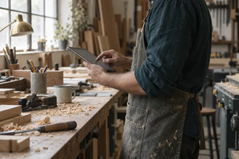 A woodworker checking orders on a tablet at a workshop bench