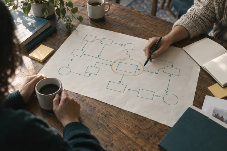 Two people at a table sketching a systems diagram on paper, one connection circled in gold